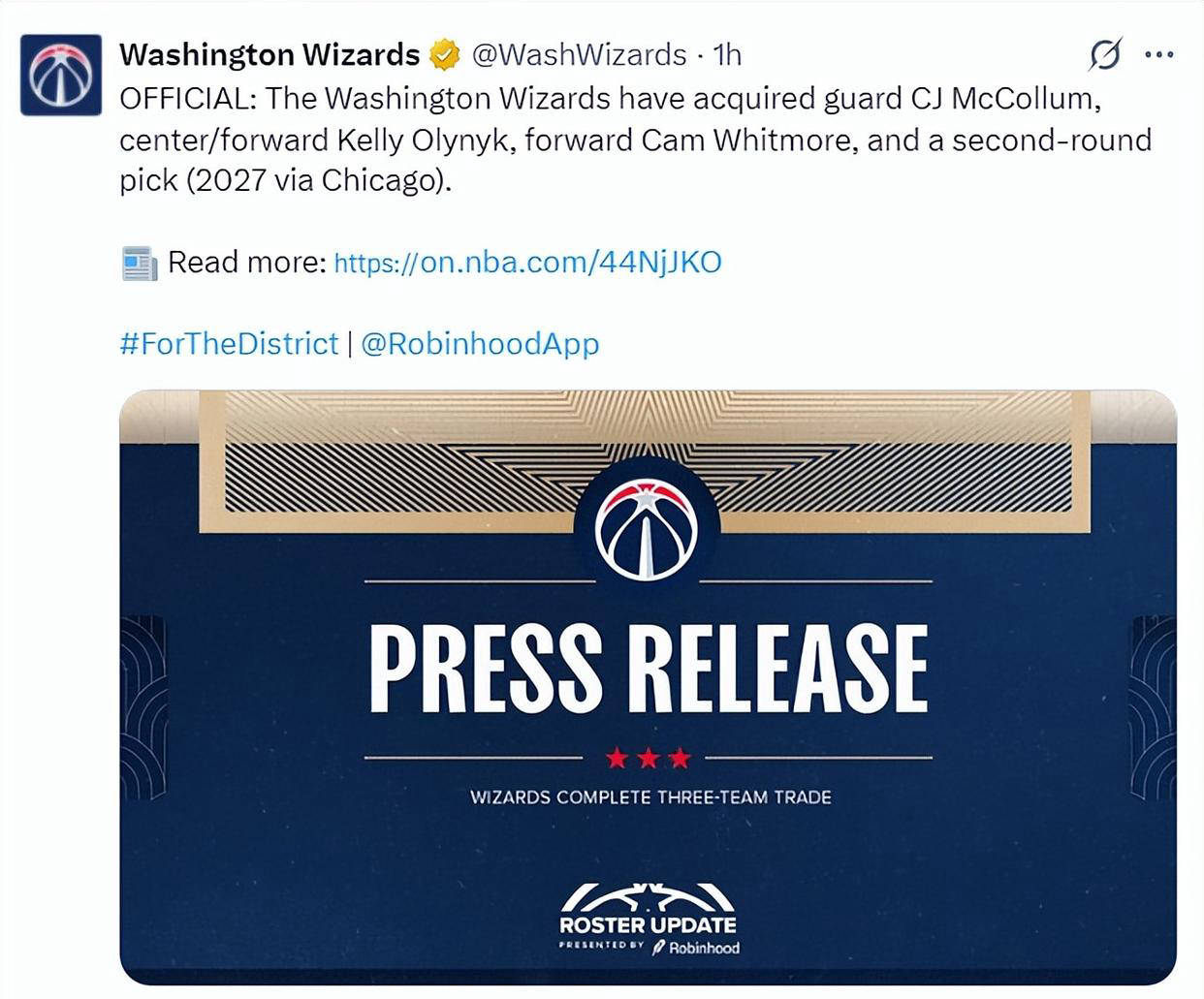 皇冠中国-华盛顿奇才宣布欢迎新成员加盟 致谢前队员奠定基石